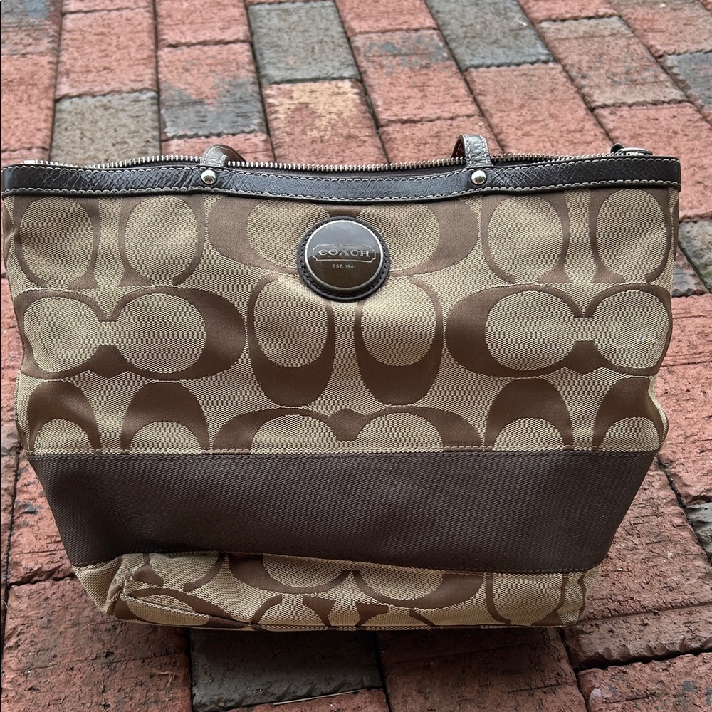 Coach Tan & Brown Signature Canvas Tote with Zipper Closure